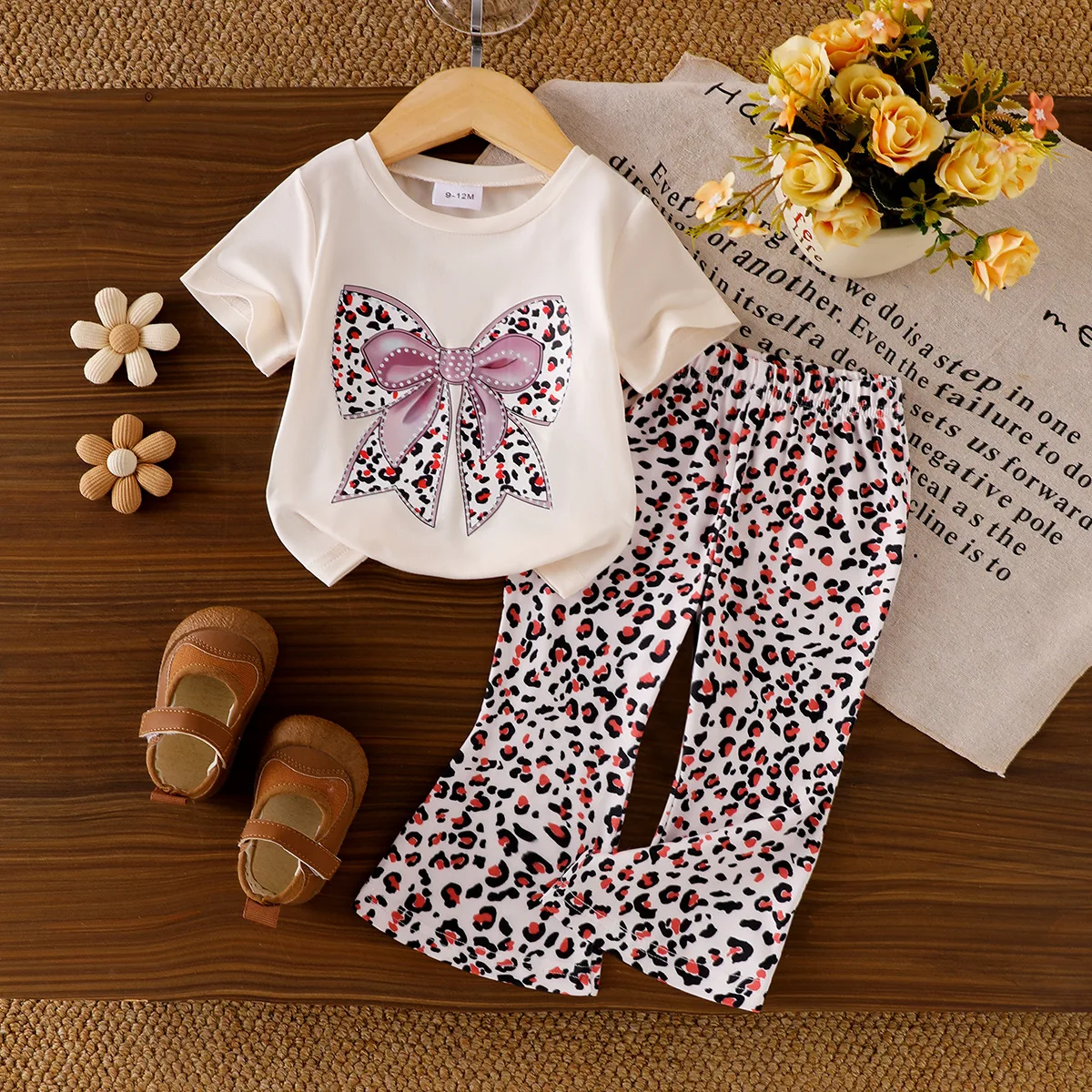 2Pcs Set Baby Girl Clothes Summer Short Sleeve Leopard Bow Print Round Neck T-shirt Tops + Flared Pants Newborn Girls Outfit