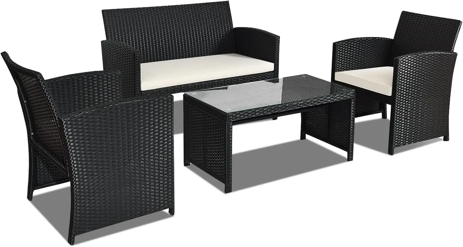 Set da patio in rattan da 4 pezzi, divano da conversazione in vimini, cuscini resistenti agli agenti atmosferici, tavolo in vetro temperato (bianco/nero)