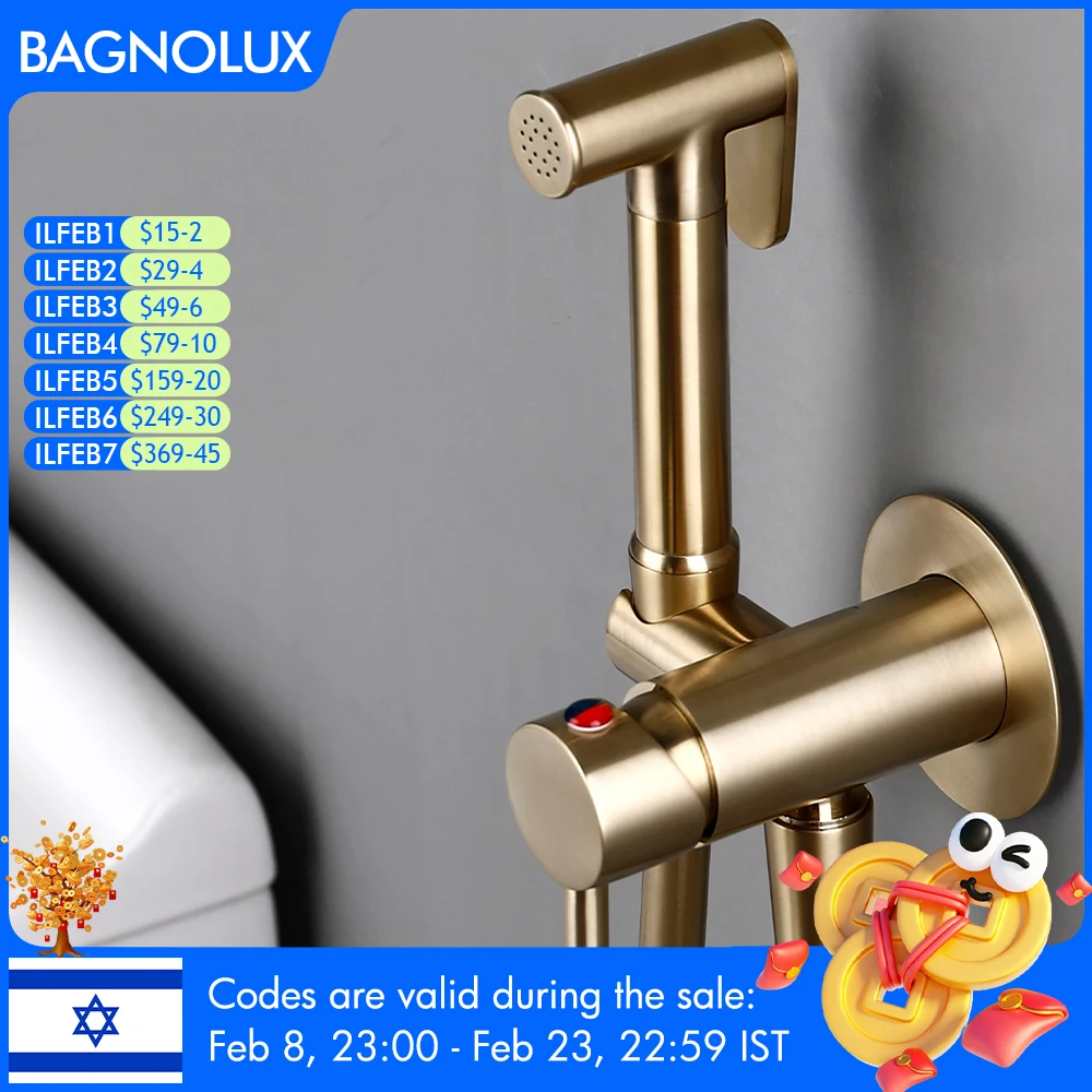 

Bagnolux Brushed Gold Toilet Held Bidet Sprayer Kit with Hose and Holder Wall Mounted Hot and Cold Mixed Type Bathroom Faucet