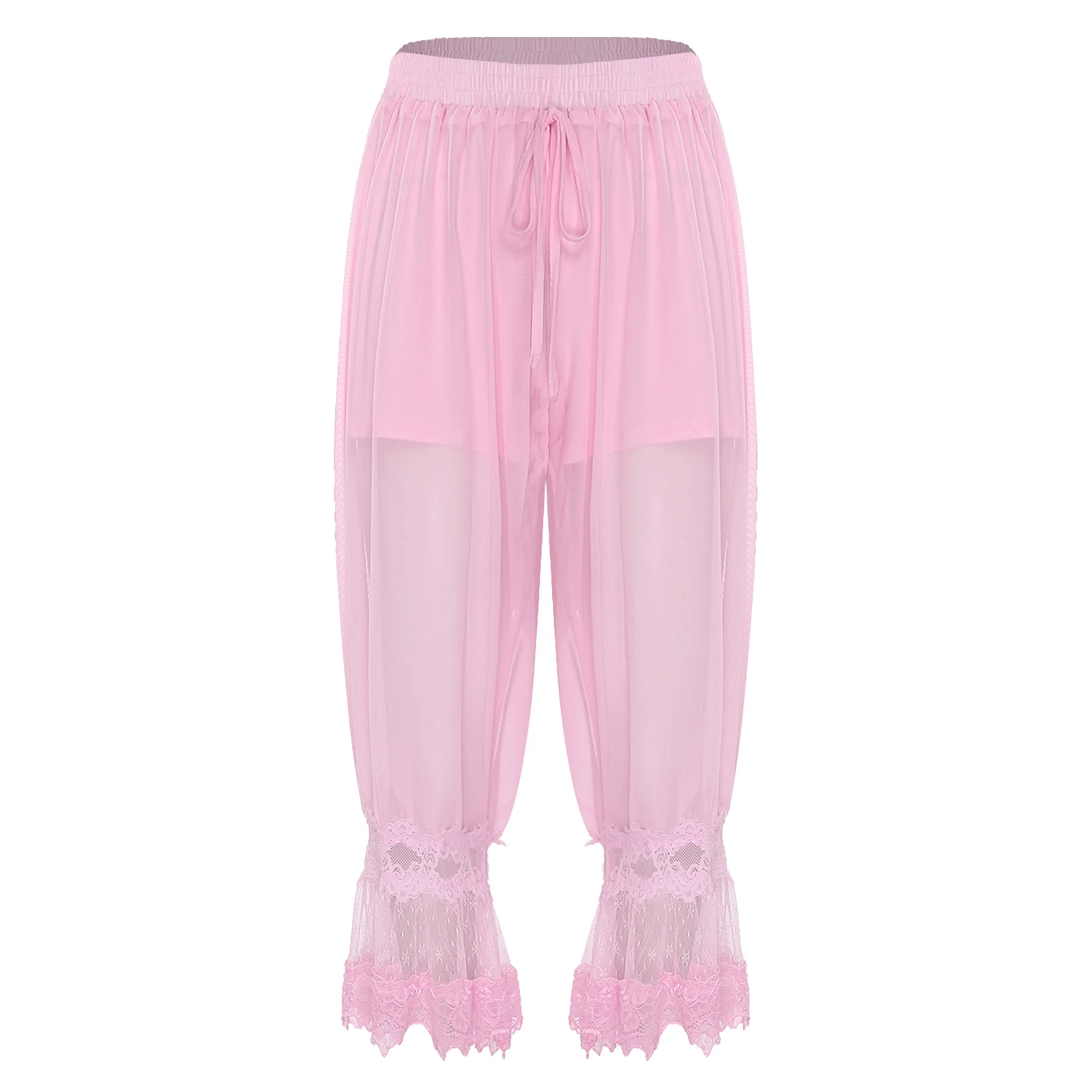 Women Sheer Mesh Built-in Shorts Bloomers Long Pants Ruffled Floral Lace Legs Sheer Mesh Pumpkin Pants for Daily Casual Vacation