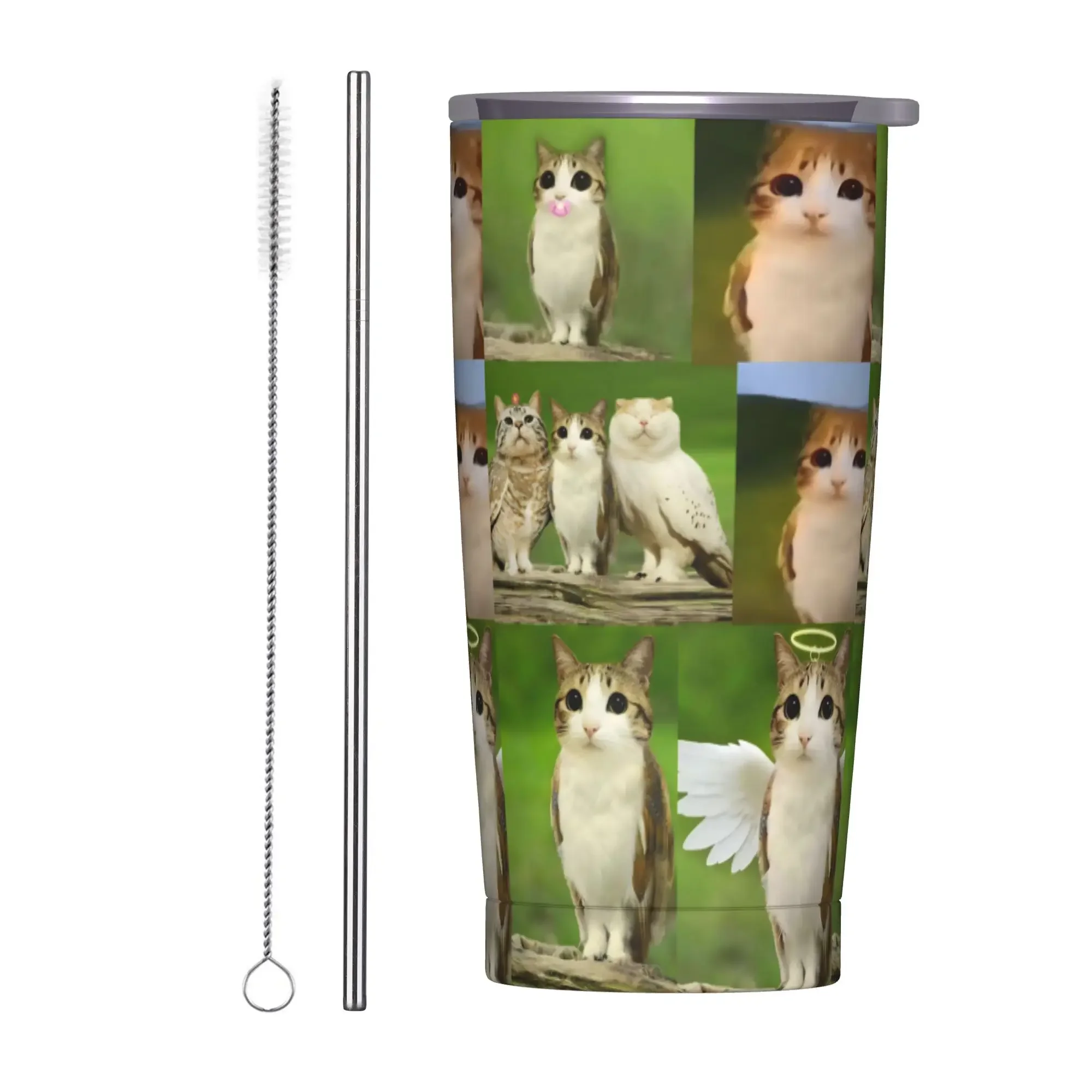 Meowl Cat Owl Meme Insulated Tumbler with Straws  Vacuum Thermal Mug Double Wall Water Bottle Cups, 20oz