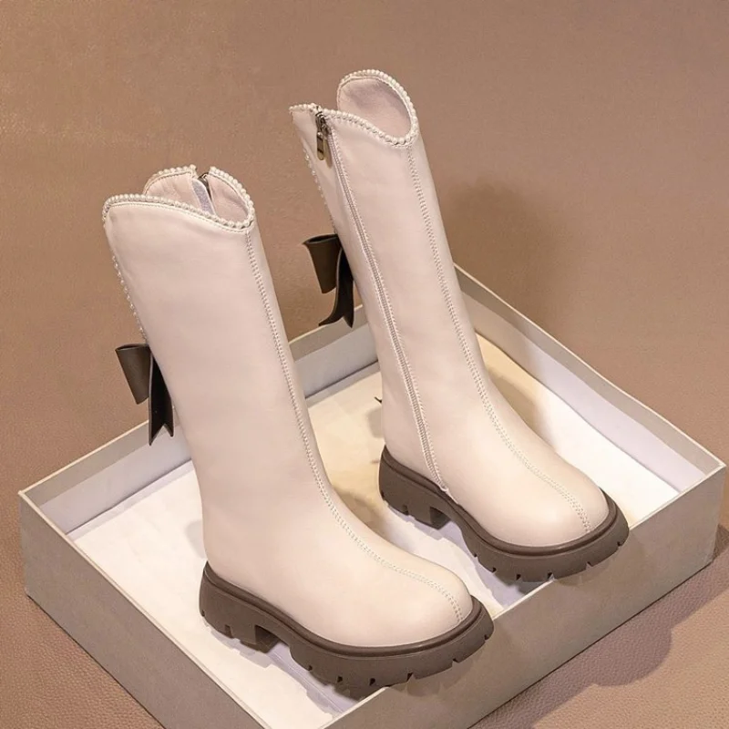 Bottes longues en cuir pour filles et enfants, chaussures de princesse étrangères en cachemire, nouvelle collection hiver 2024