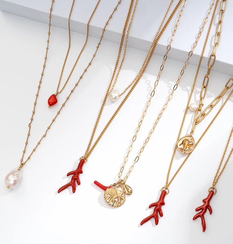 

Wealthyboo True Natural Coral Stones Red Beads Red Chain NOT Plastic Gold Plated Brass Chain Necklace For Women Girls Gift