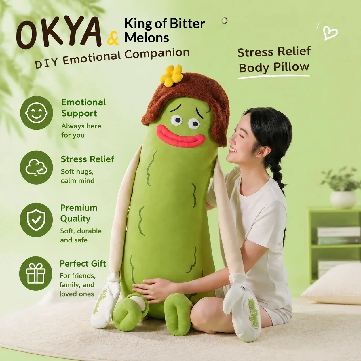 Okya Bitter Gourd King Sleeping Plush Patting Hugging Pillow Tapping Soothing Comforting Doll Adult Cushion Plushie Toys Gift