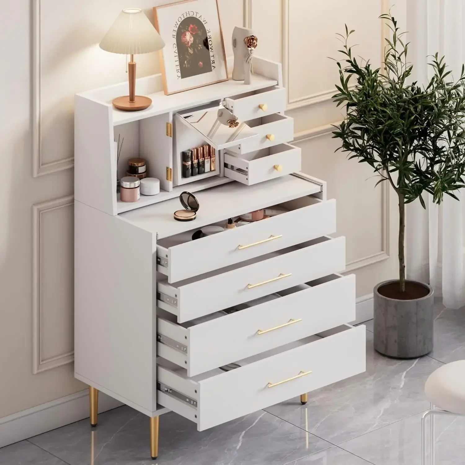 

Vanity Table Set,Makeup with Mirror and Retractable Table, Storage Dresser for Bedroom with 7 Drawers and Hidden Storage,White