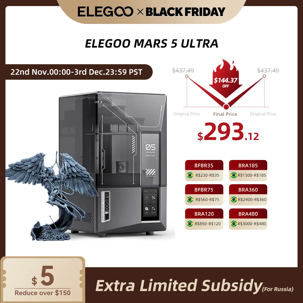 ELEGOO Mars 5 Ultra 9K MSLA Resin 3D Printer with Auto Leveling and AI Smart Camera, High Speed Printing Size 153.36×77.76×165mm