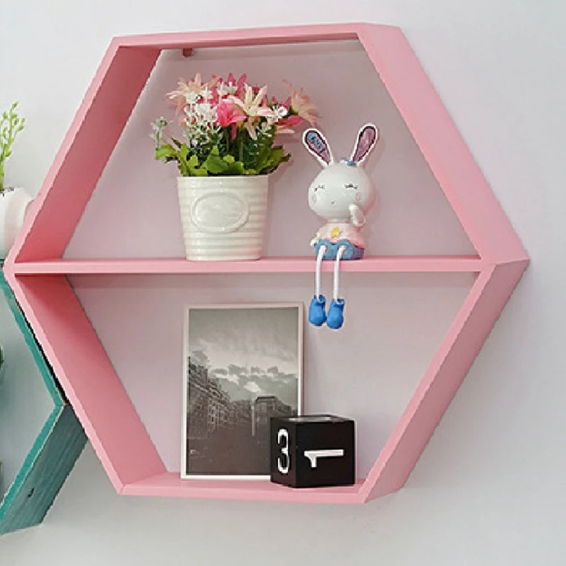 2Piece Hexagon Shelves Honeycomb Shelves Hexagonal Storage Rack Mounted Shelf Pink