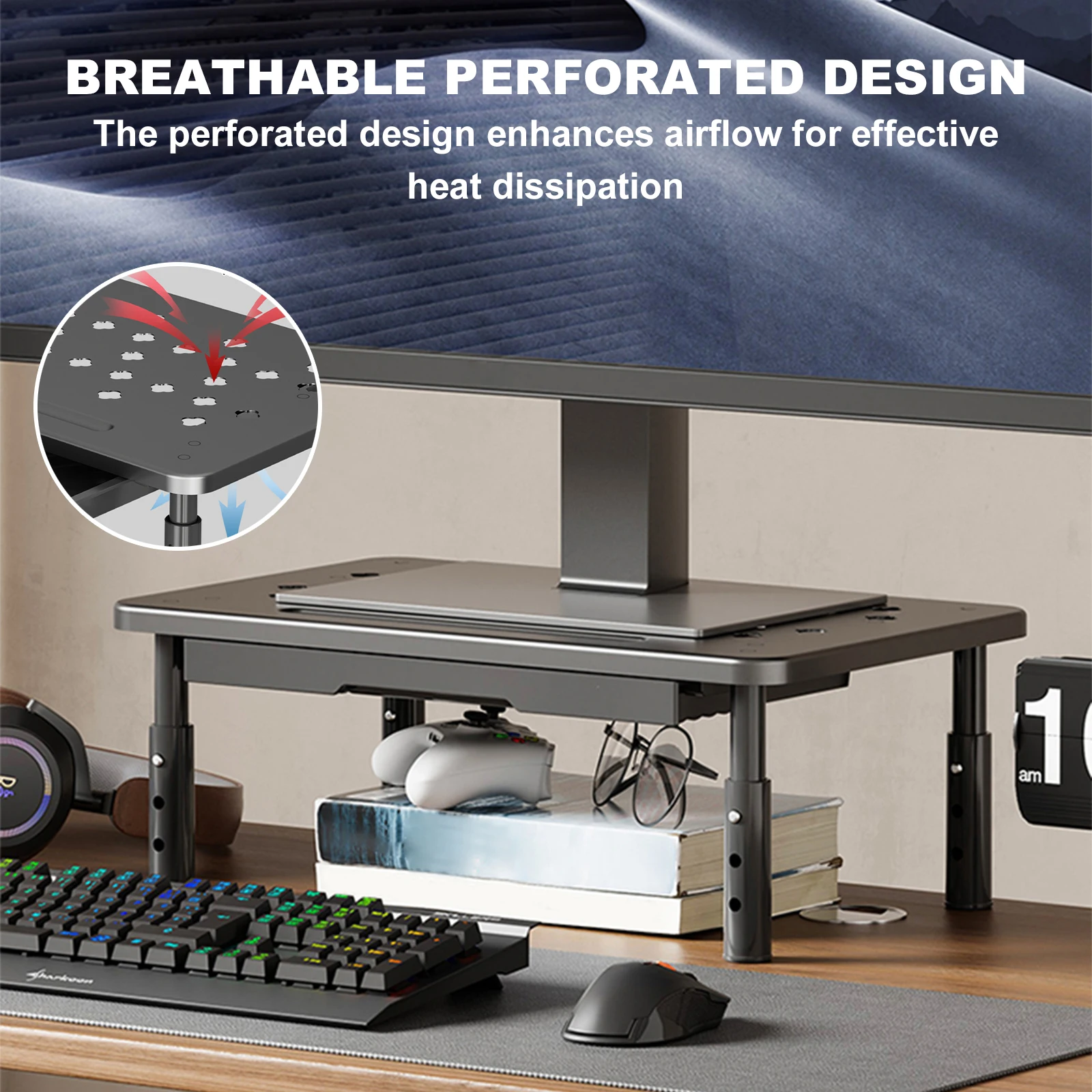 حامل شاشة الكمبيوتر مع منظم مكتب فتحات تدفق الهواء مع حامل كمبيوتر محمول درج للوازم المدرسية المكتبية والمنزلية