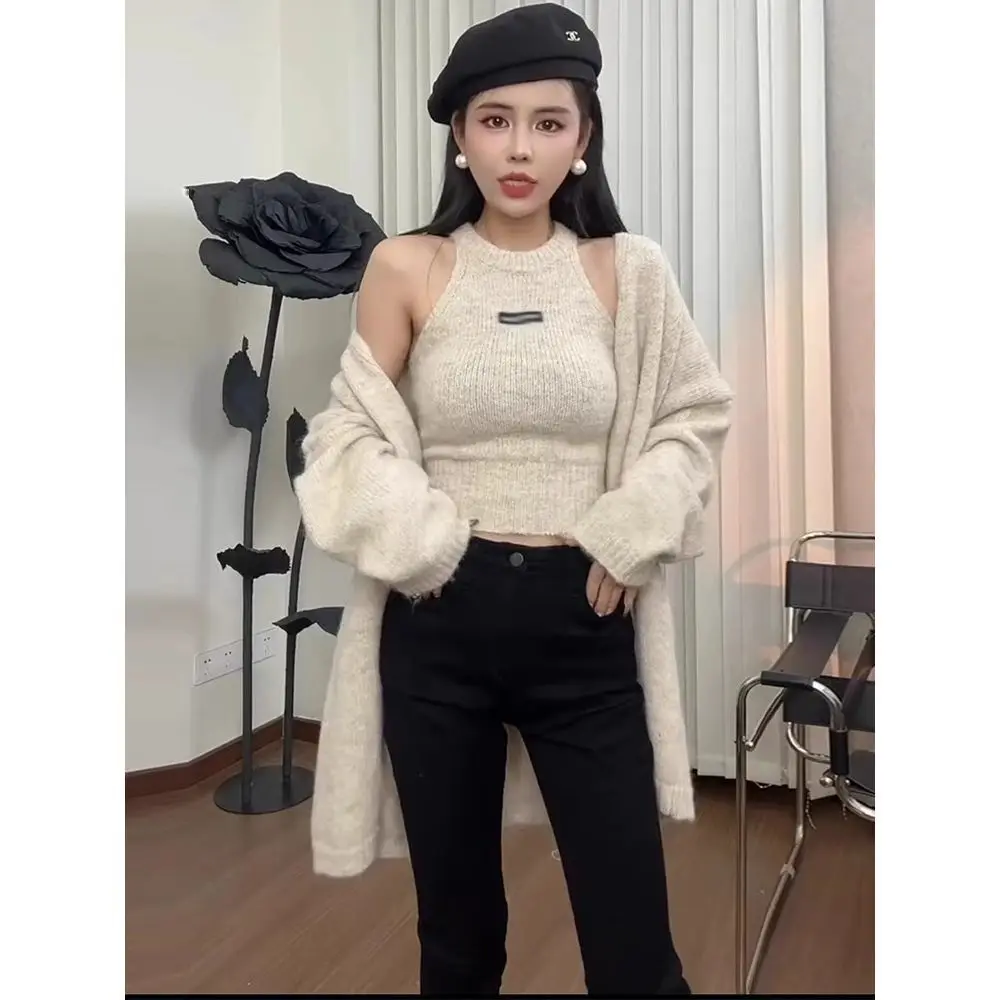 Round-Neck Halter Tank Top Knit Cardigan Two-Piece Set Autumn Winter New Coats Sweet Spicy Sweater Jacket Set Top Y2k Clothes