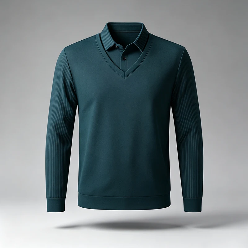 Herren-Oberteil im Zweiteiler-Look mit langen Ärmeln, gestreiftem Kragen und Ärmeln, reguläre Passform, weich, knitterresistent, Business-Casual-Pullover. – Detail 8