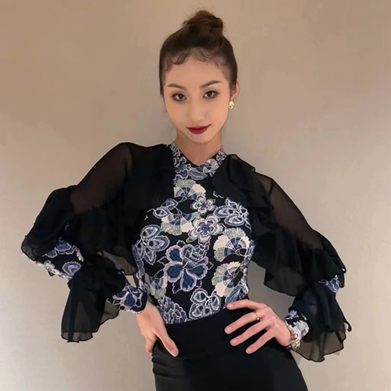 New Ballroom Dance Performance Clothes Flower Print Long Sleeves Practice Tops Adult Rumba Waltz Latin Dance Costume DNV19229