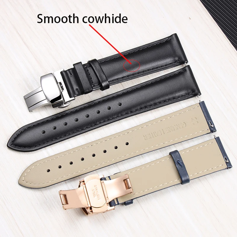 Quick release Smooth Genuine Calfskin Leather Watchband 14/18/20/ 22mm Straps with Solid Butterfly Buckle Business Watchband