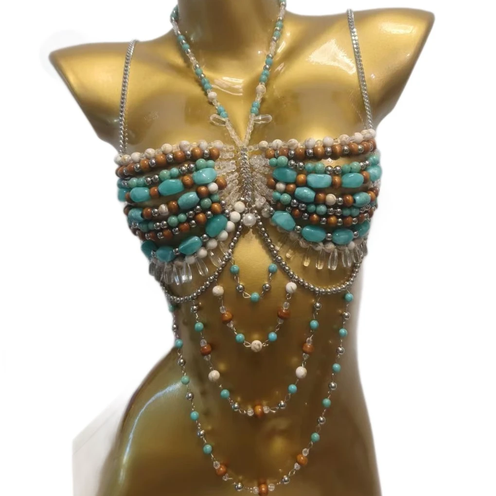 European hand-woven stone beaded halter bra Chain camis tops sexy backless wide layer tassel bikini crop bra top body jewelry