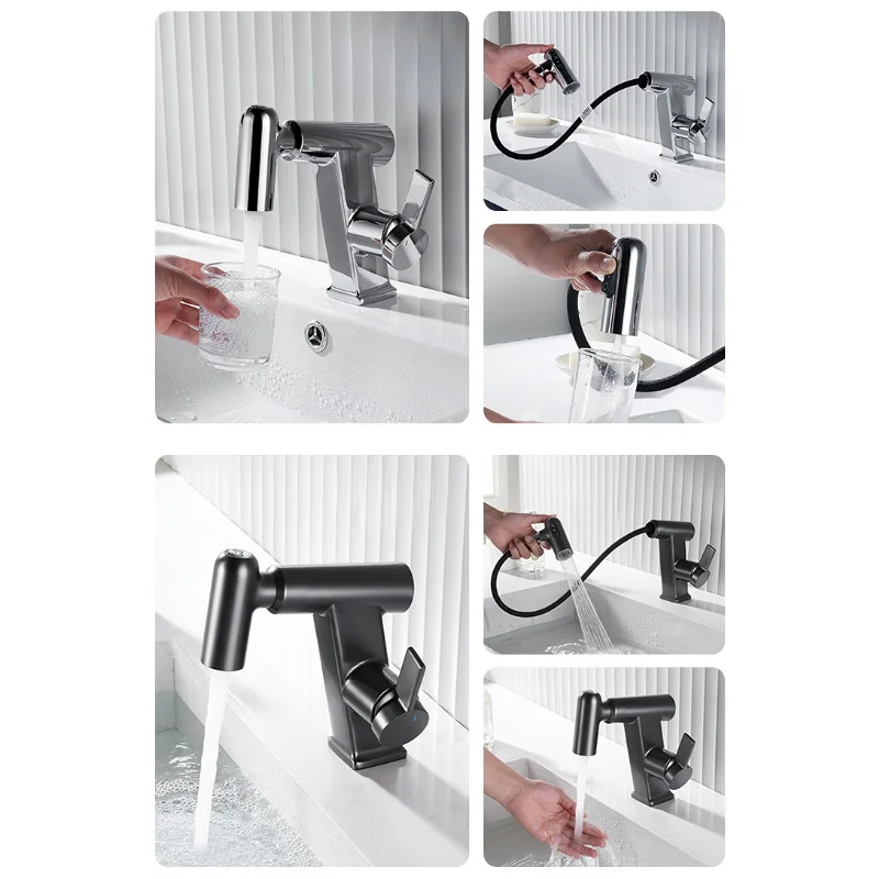 Multi Functional Pull Type Washbasin Faucet White 360 Rotary Bathroom  Hot&Cold Mixing Faucets