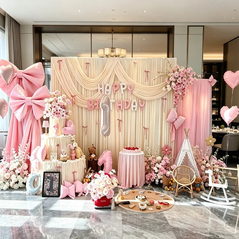Baby's first birthday decoration, little princess oversized pink bow Korean cloth mantle background wall scene