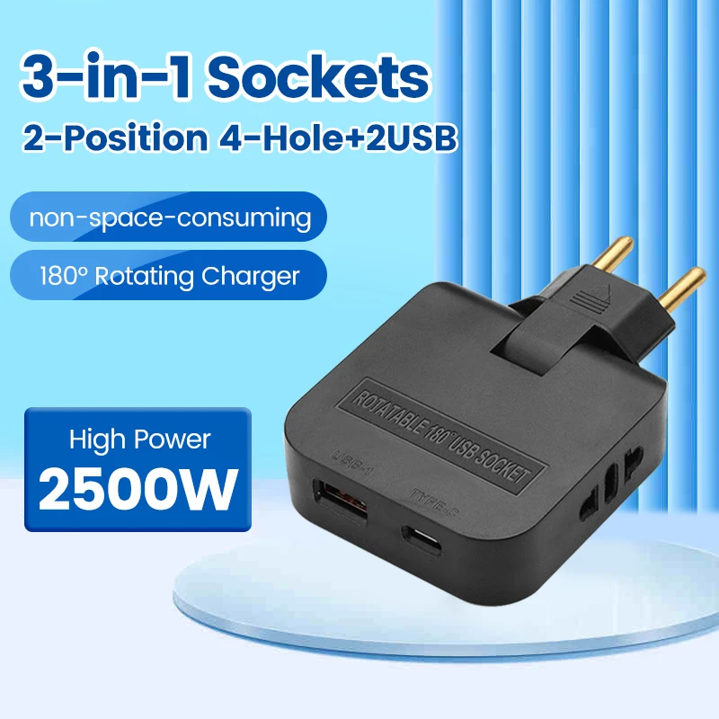 3 in 1 180° Rotatable EU Plug Socket EU/US Extension Chargers Adapter Mini Slim Wireless Outlet Adapter Socket Converter