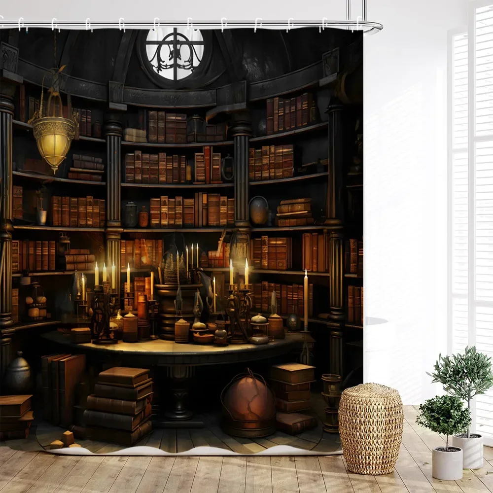 Library Shower Curtain, Vintage Books on Summer Vacation Attic Magic Candle Lights Ladder Print Bathroom Decor with Hooks