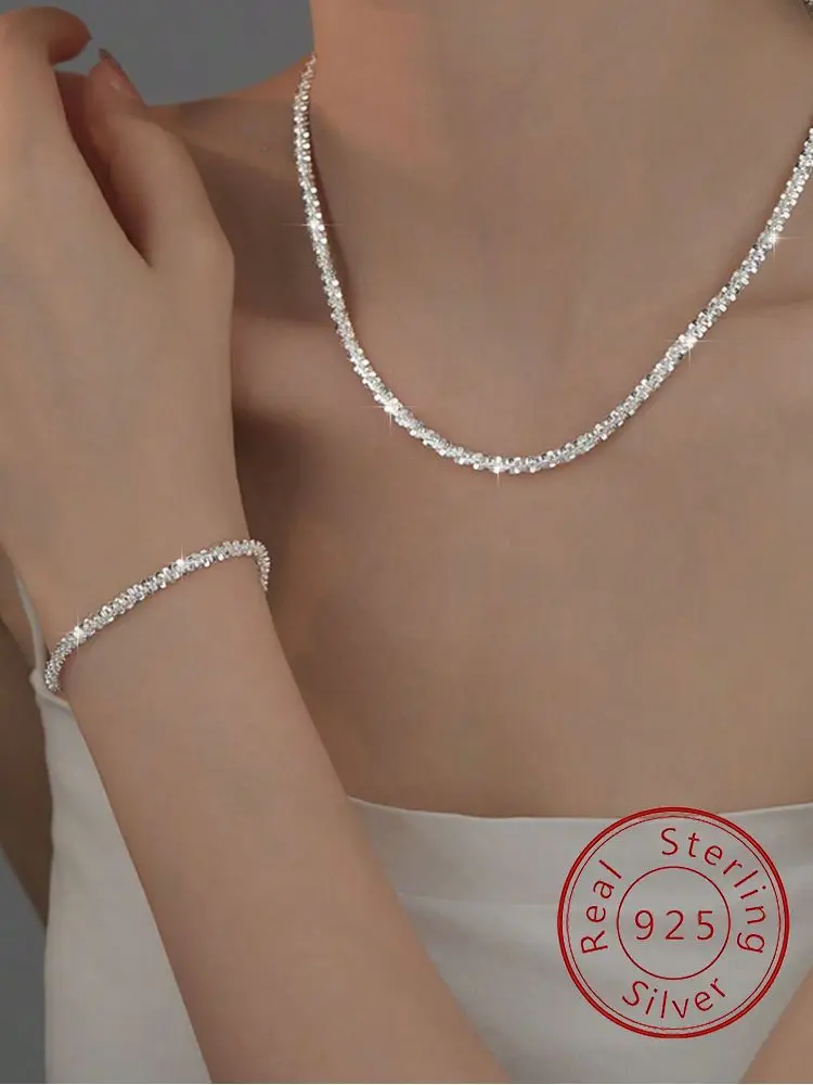 

925 Sterling Silver Sparkling Gypsophila Necklace Bracelet Set For Women Anniversary Party Fashion High Quality Fine Jewelry
