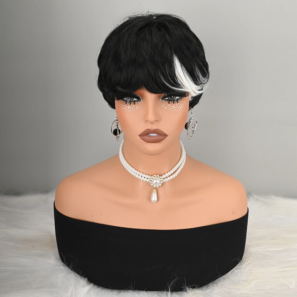 Black Short Pixie Wig with White Side Highlight for Women Heat Resistant Synthetic Fiber Not Human Fiber Machine Made Full Cap Wig for Daily Party Halloween
