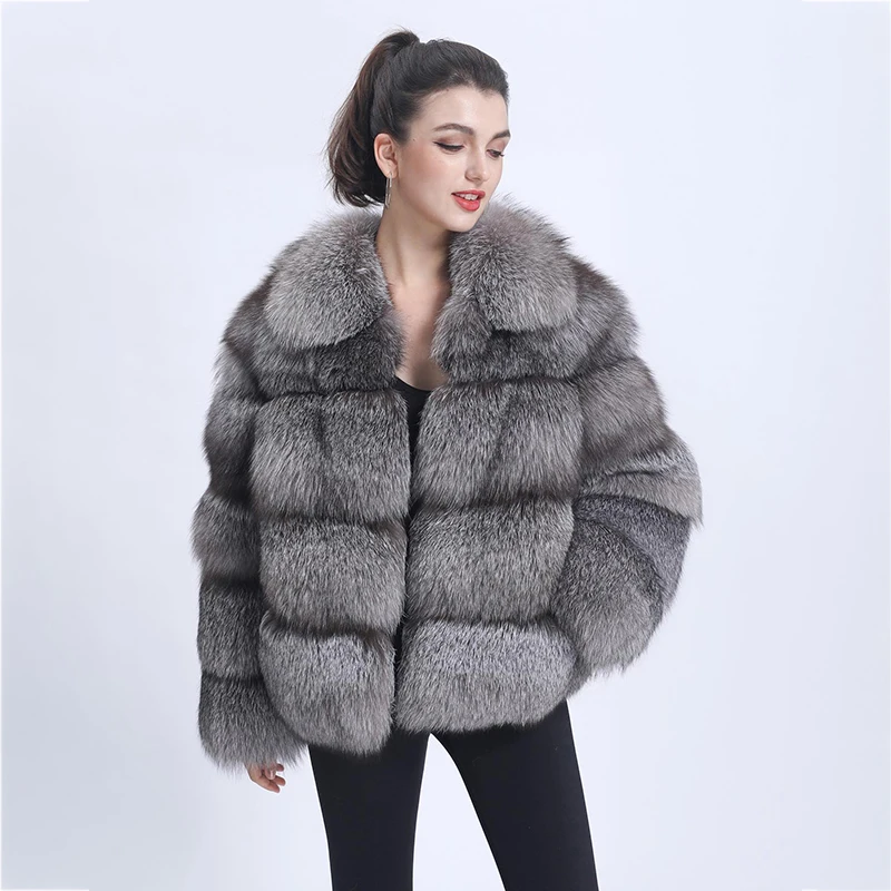 Natural Luxury Sliver Fox Fur Jackets Women Winter Thicken Lapel Fur Strip Sewed Toghter Outertwear Genuine Fox Fur Coat lady