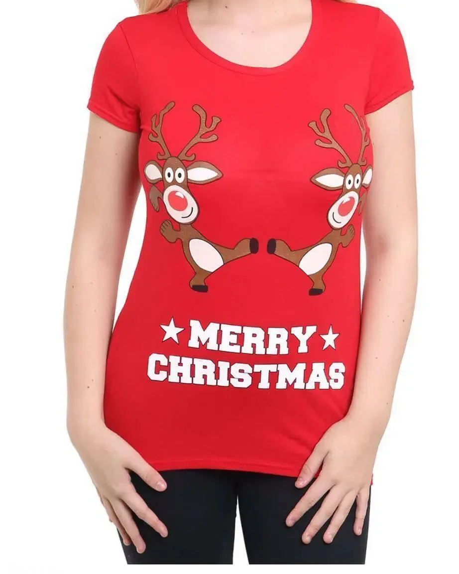 Christmas Dancing Rudolph Santa Reindeer T-Shirt 100% Cotton O-Neck Short Sleeve Summer Casual Womens T-shirt Xmas Streetwear