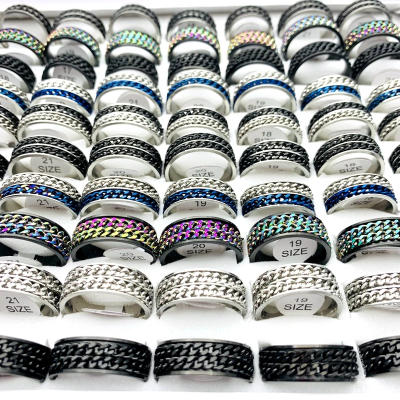 10pcs Rotatable Chain Rings For Men and Women 316L Spinner Stainless Steel Fashion Jewelry Party Gift