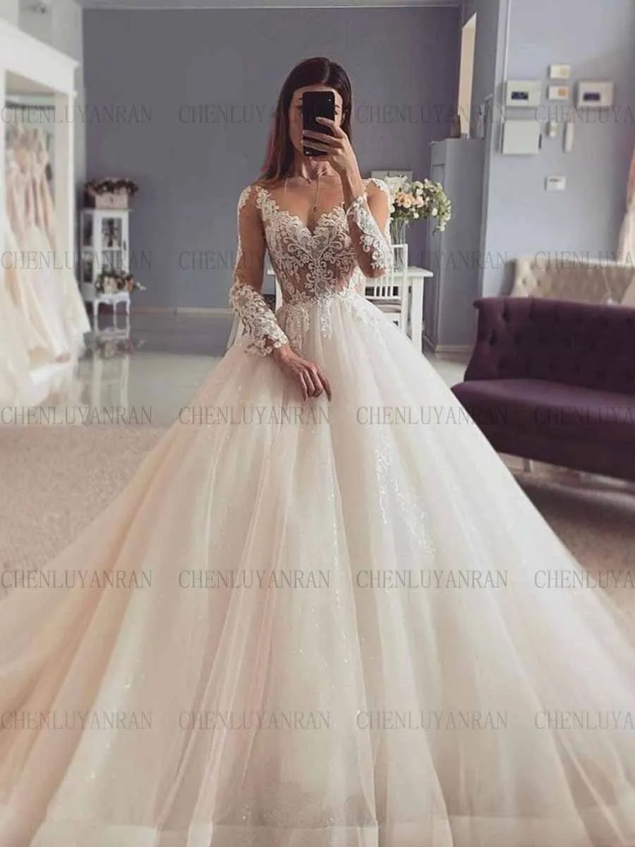 Vestidos de novia elegantes con apliques para mujer, Sexy de tul con cuello en V vestido de novia, vestidos de línea a con purpurina para mujer