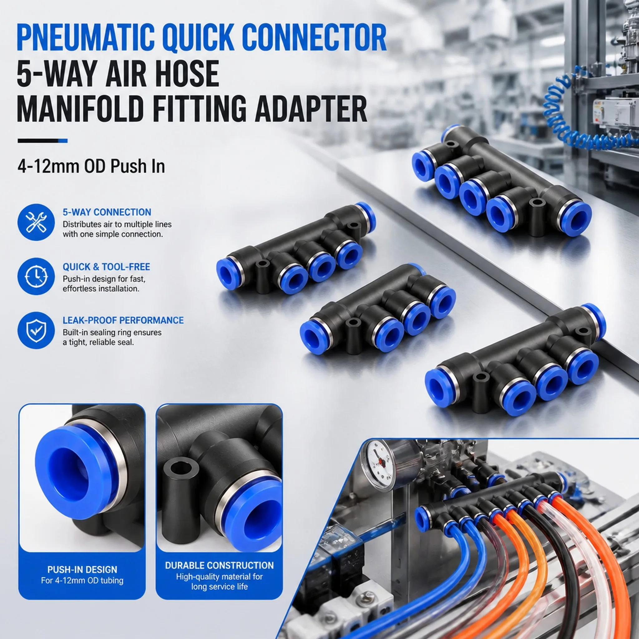Pneumatic Quick Connector 4-12mm OD Push In Five Way Air Hose Manifold Fitting Adapter