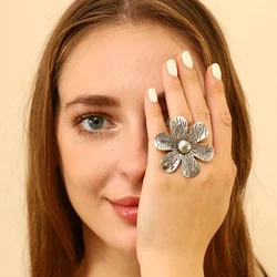 Vintage Ring Exaggerated Flower Design Silver Plated Adjustable Jewelry Match Daily Outfits Stunning Party Accessory