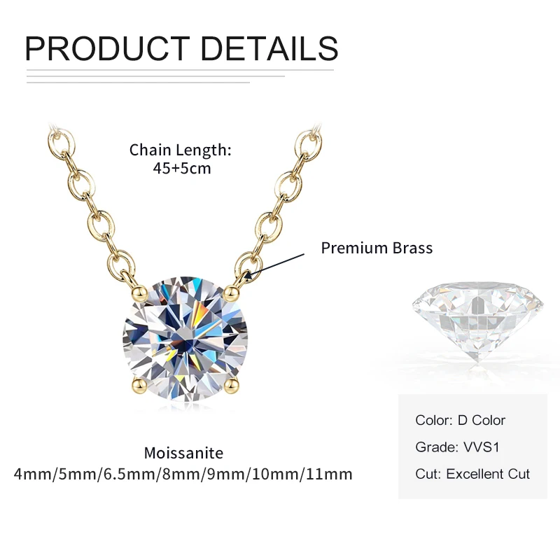 Rrjzz Solitaire D Color 4MM-11MM Moissanit-Anhänger-Halskette für Frauen, zertifizierte runde Halskette mit imitiertem Labordiamant, Schmuck – Detail 1