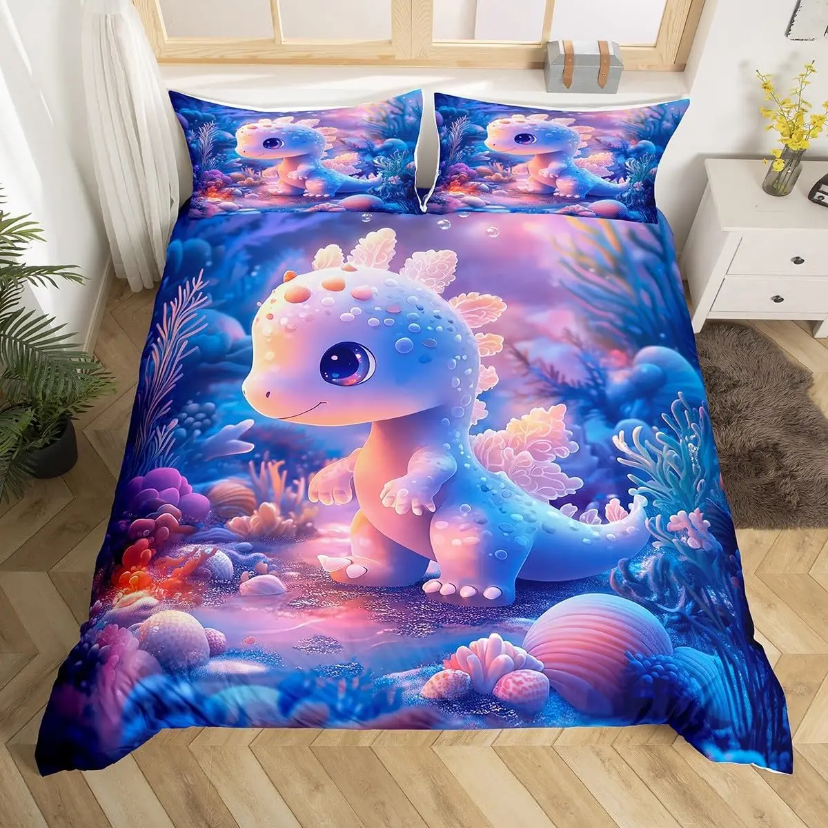 Kawaii Dinosaur Duvet Cover Set Twin Queen Size Cartoon Dino Bedding Set For Boys Girls Room Decor,Wild Animal Comforter Cover