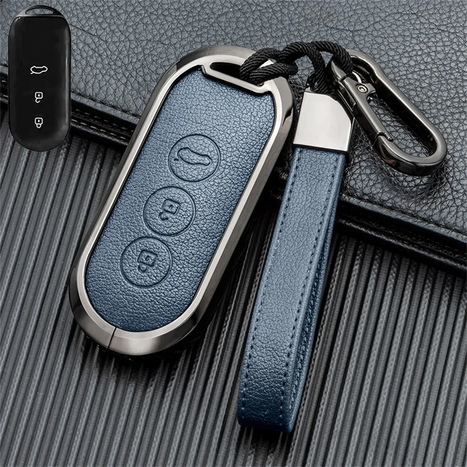 Zinc Alloy Leather Car Smart Key Case Cover for Aito M5 M7 2022 3 Buttons Remote Protection Shell Keychain Auto Accessories