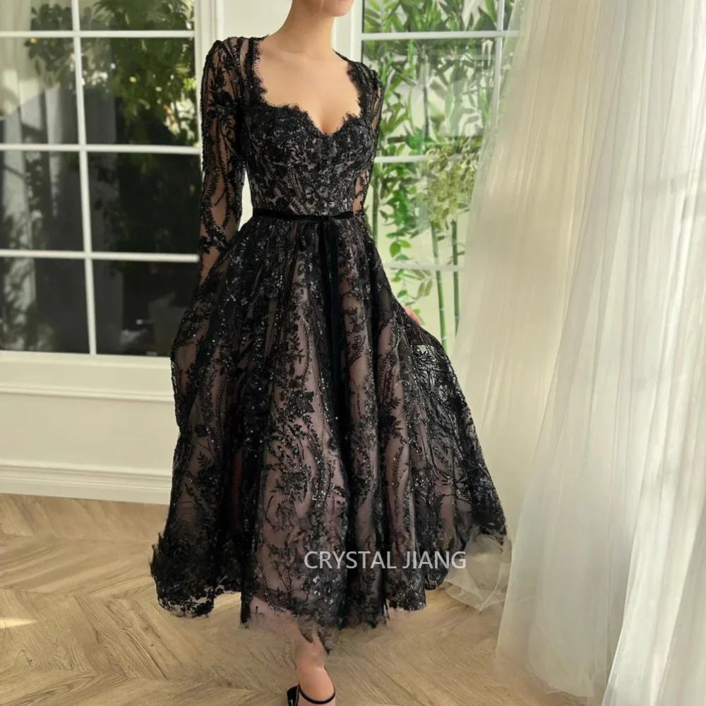 Classy Short Black Square Collar Beaded Tulle Prom Dresses Full Sleeves A Line Tea Length Lace Embroidery Vestidos De Festa