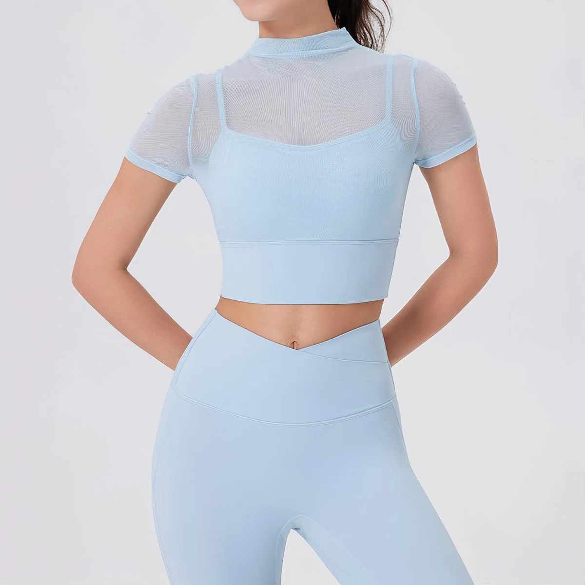 مجموعة اليوغا 2 قطعة ملابس اللياقة البدنية مثير شبكة قصيرة الأكمام أعلى زبداني لينة طماق الصالة الرياضية البدلة في الهواء الطلق الجري ملابس رياضية تجريب #3