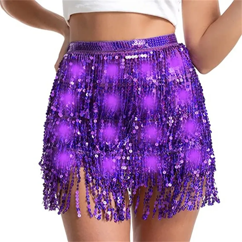 Light Up Hip Scarf Star Fringe Shiny Belly Dance Costume Accessories Led Rave Sequin Tassel Skirts for Festival Show Carnival