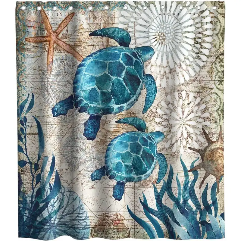 

Nautical Green Sea Turtles Beach Theme Fabric Shower Curtain Sets Bathroom Blue Ocean Decor with Grommets and Hooks