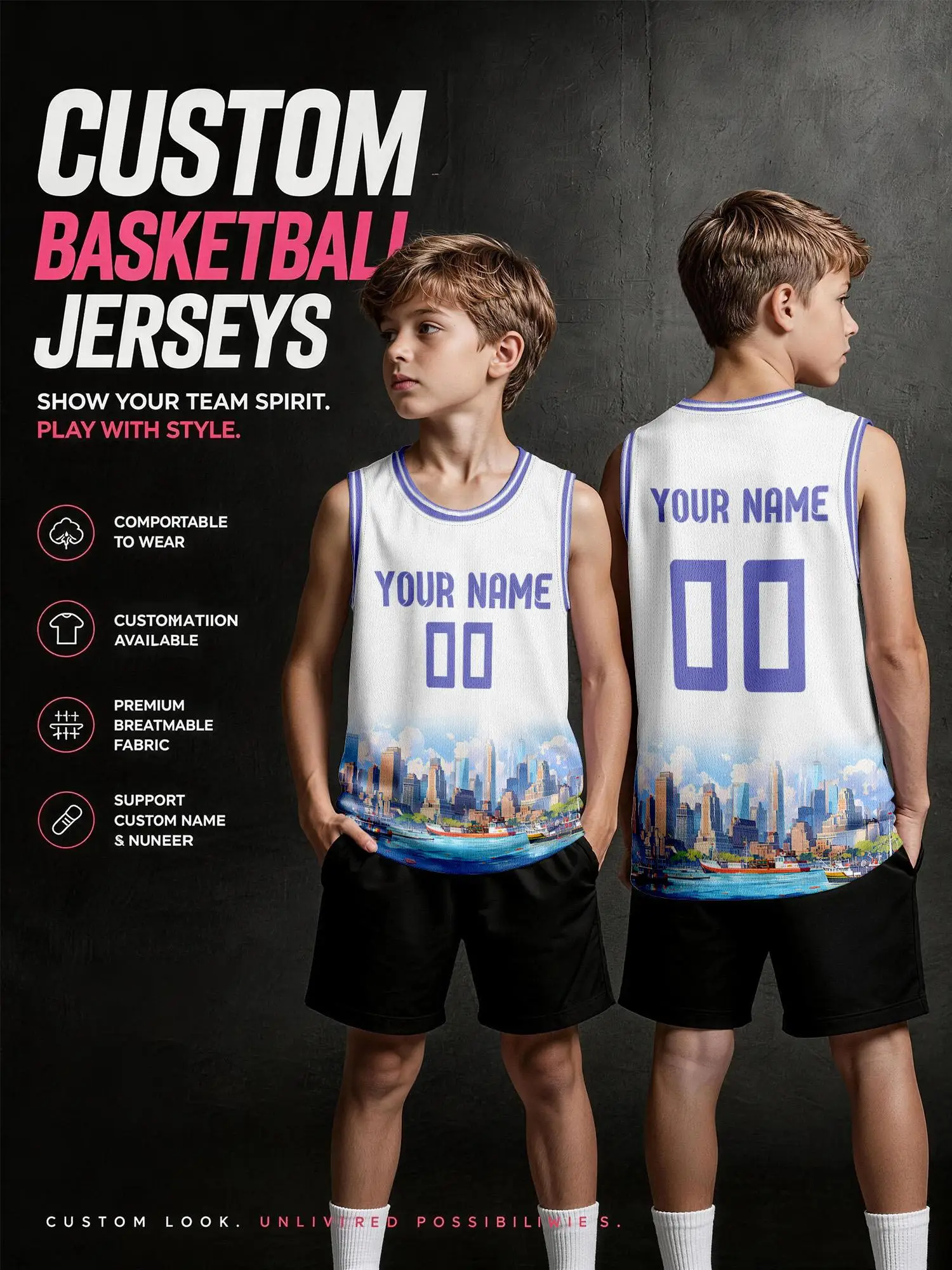 Coastal City Print Custom Basketball Jersey, DIY Name & Number, Breathable Quick‑Dry Set For Adults & Kids