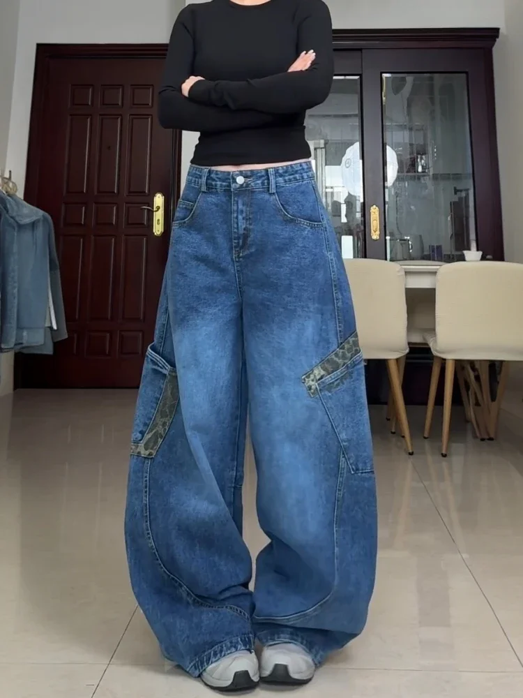 

ADAgirl Leopard Spliced Cargo Jeans Women Y2k Streetwear Casual Oversized Pocket Kpop Wide Leg Denim Pants Hip Hop Retro Bottoms