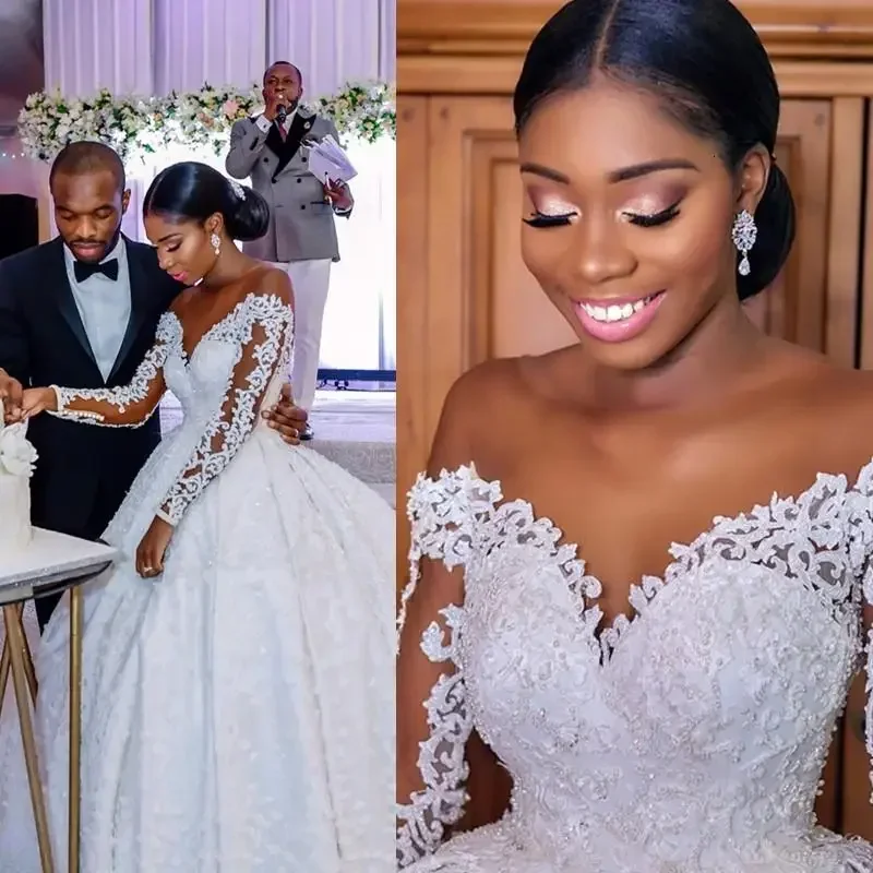 Customized Long Sleeve Wedding Dresses Plus Size Lace Beaded African Bridal Gowns Sheer Neck Vestido De Novia