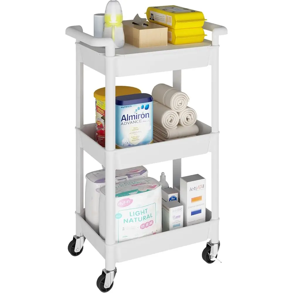 

Utility Rolling Cart with Cover Top Board, 3-Tier Kitchen Storage Organization, Art Cart with Wheels or Oice, Classroom, Livingr