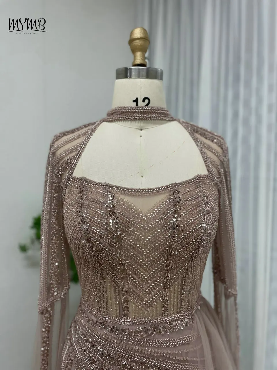 MYMB Luxury Pink Beaded Cape Sleeves Long Formal Occasion Dresses for Women Party Halter Neck High Slit Evening Gowns MB40179