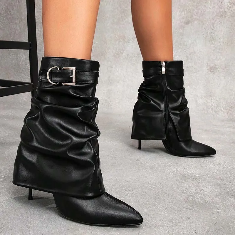 

Женские сапоги выше колена из лакированной кожи с рюшами и широким острым носком на молнии, универсальное повседневное платье