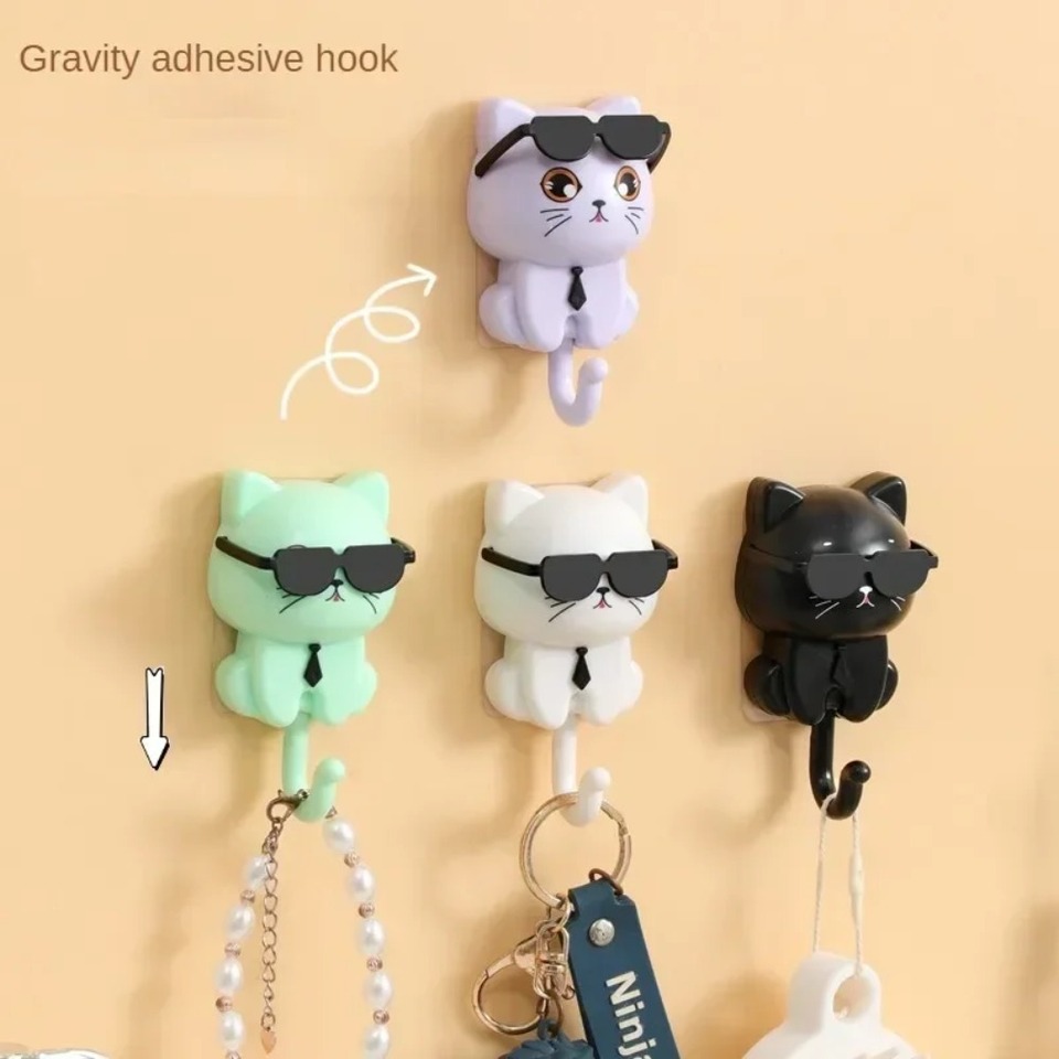  Wall Key Holder Cartoon Sunglasses Cat Hook Self Adhesive Wall-mounted Hooks Non-marking Cool Gift Key Hanger Decorative Hooks 