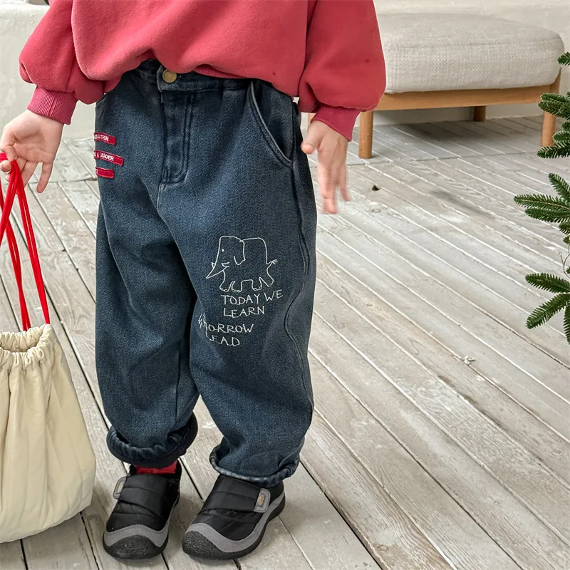 Winter Kids Clothing Korean Style Fleece Lined Jeans for Children Girls Boys Toddler Pants Warm Trousers Children's Denim Pants