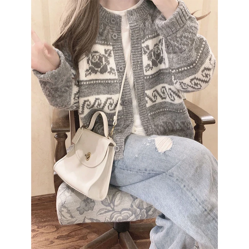 Vintage Grey Jacquard Knitting Cardigan Women Autumn Winter Casual Loose O-neck Sweater Coat All-match Long Sleeve Knitwear Tops