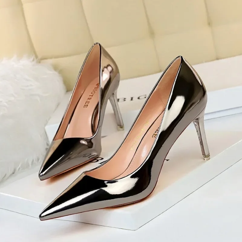 Fashion Spring Autumn Women High Heels Slip On Patent Leather 7.5CM Thin Heels Mature Women Modern Middle Heels Dress Shoes