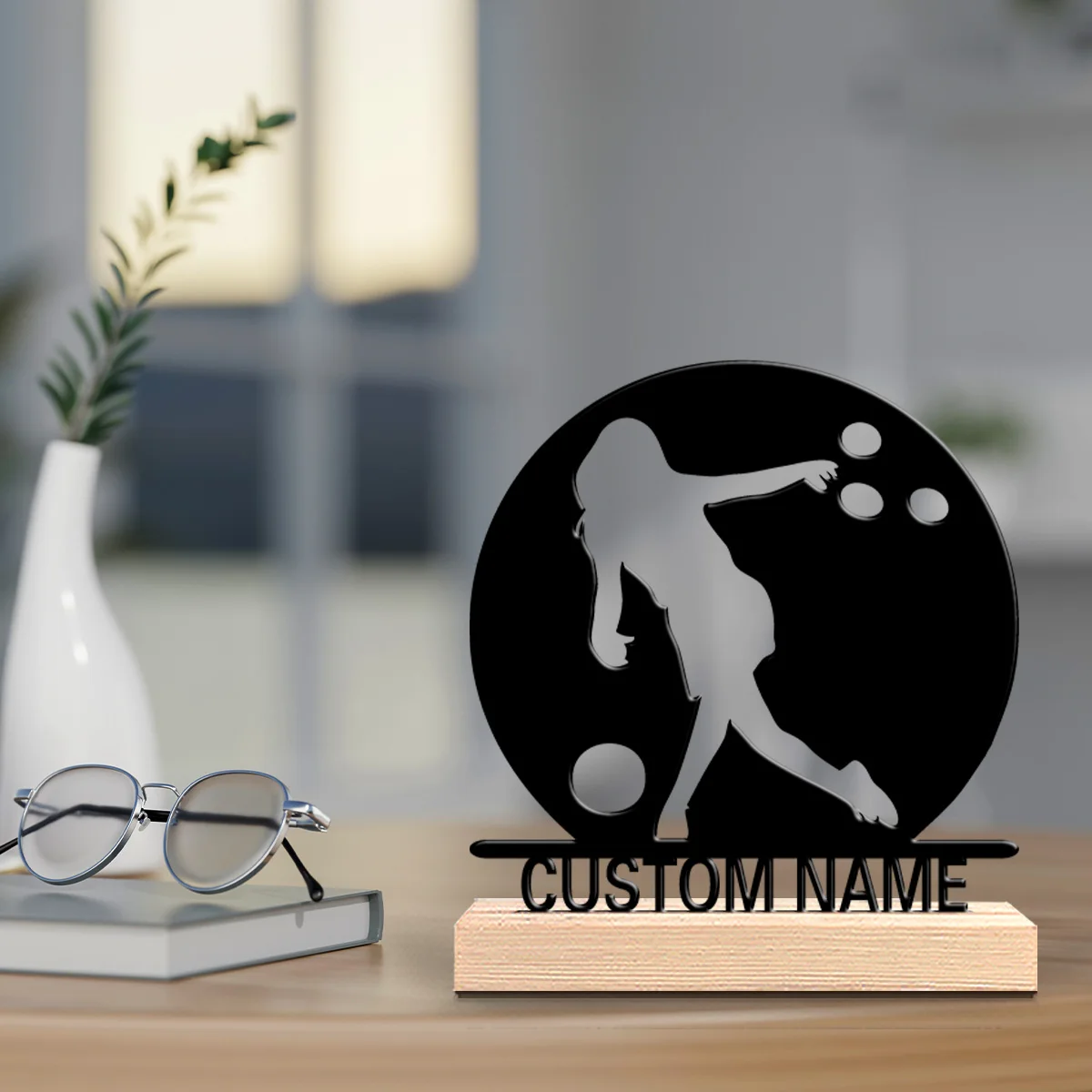 1pc Stylish Personalized Custom Female bowling player Iron Ornament Tin Sculpture With Wood Base For Children Gifts