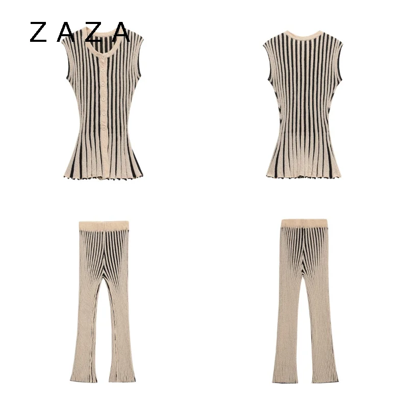

Винтажные трикотажные брючные костюмы в полоску, комплект из 2 предметов, элегантный однобортный топ с круглым вырезом, комплекты брюк, одежда для поездок на работу, женская одежда 2025 г.