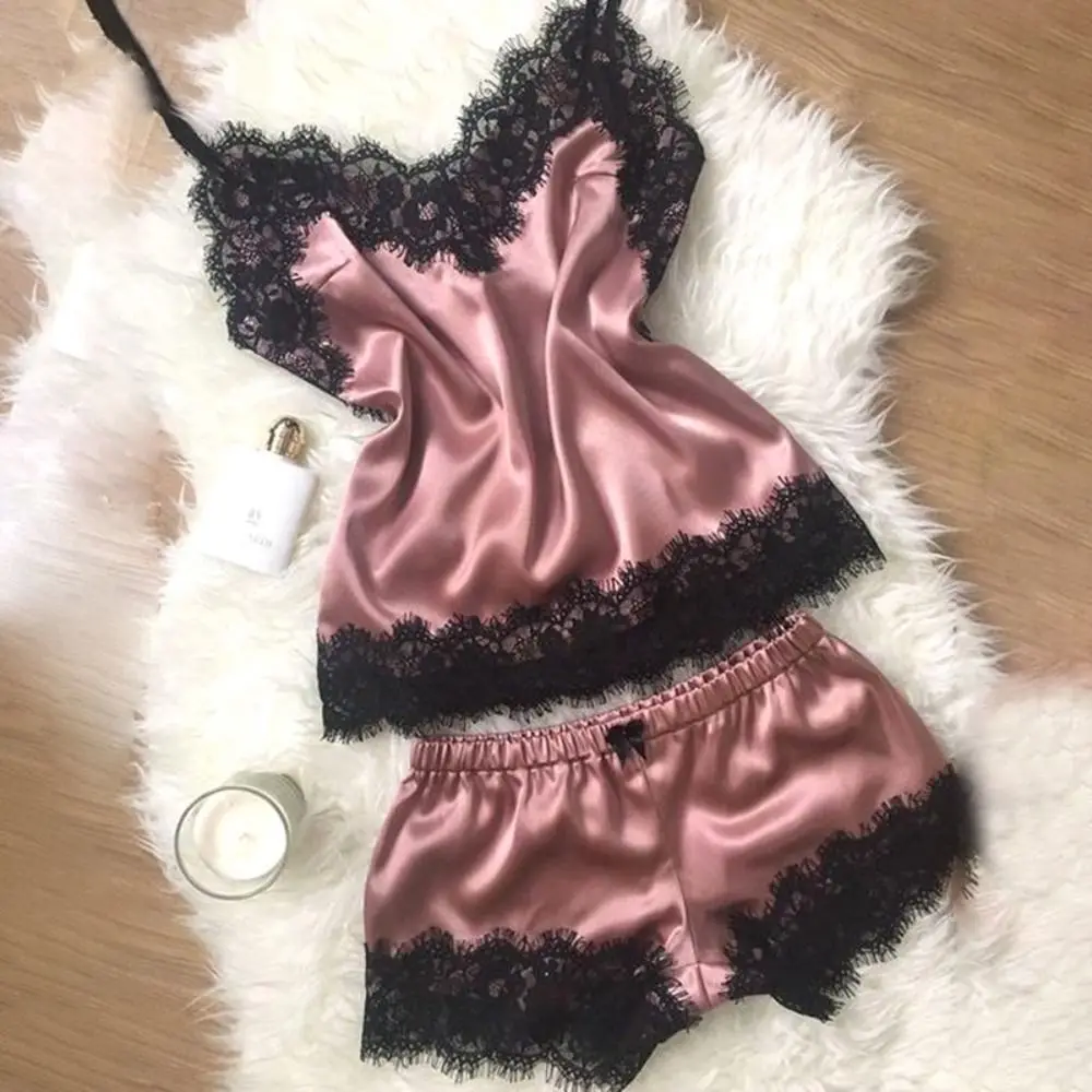 

Fashion Bowknot Lace Pajama Suit V-Neck Satin Ice Silk Two Pieces Nightwear Sleeveless Loose Lace Sleepwear Sets Lady Girl