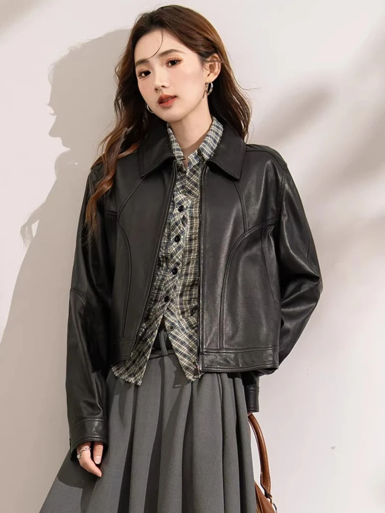 

Slim Cropped Genuine Leather Jackets for Women Spring Autumn 2026 New High-end Simple Casual Soft Black Real Sheepskin Coat